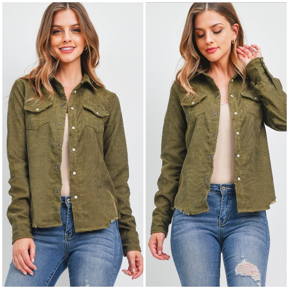 LAST ONE❗️SKYLAR+MADISON Olive Distressed Corduroy Shirt - Picture 5 of 6